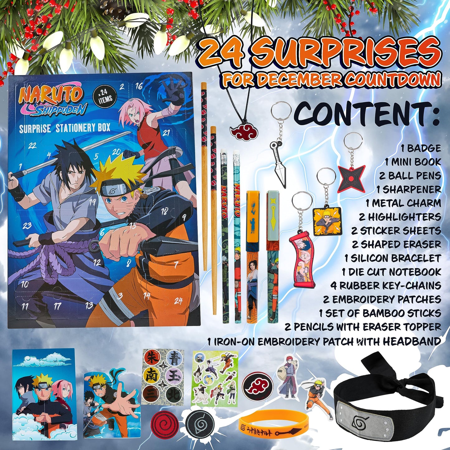 Naruto Advent Calendar 2023 for Kids - Anime Toys for Boys Ages 3+ - Christmas Calendar with Naruto Headband, Stationery, Kids Toys, and Surprises for Every Day, Blue