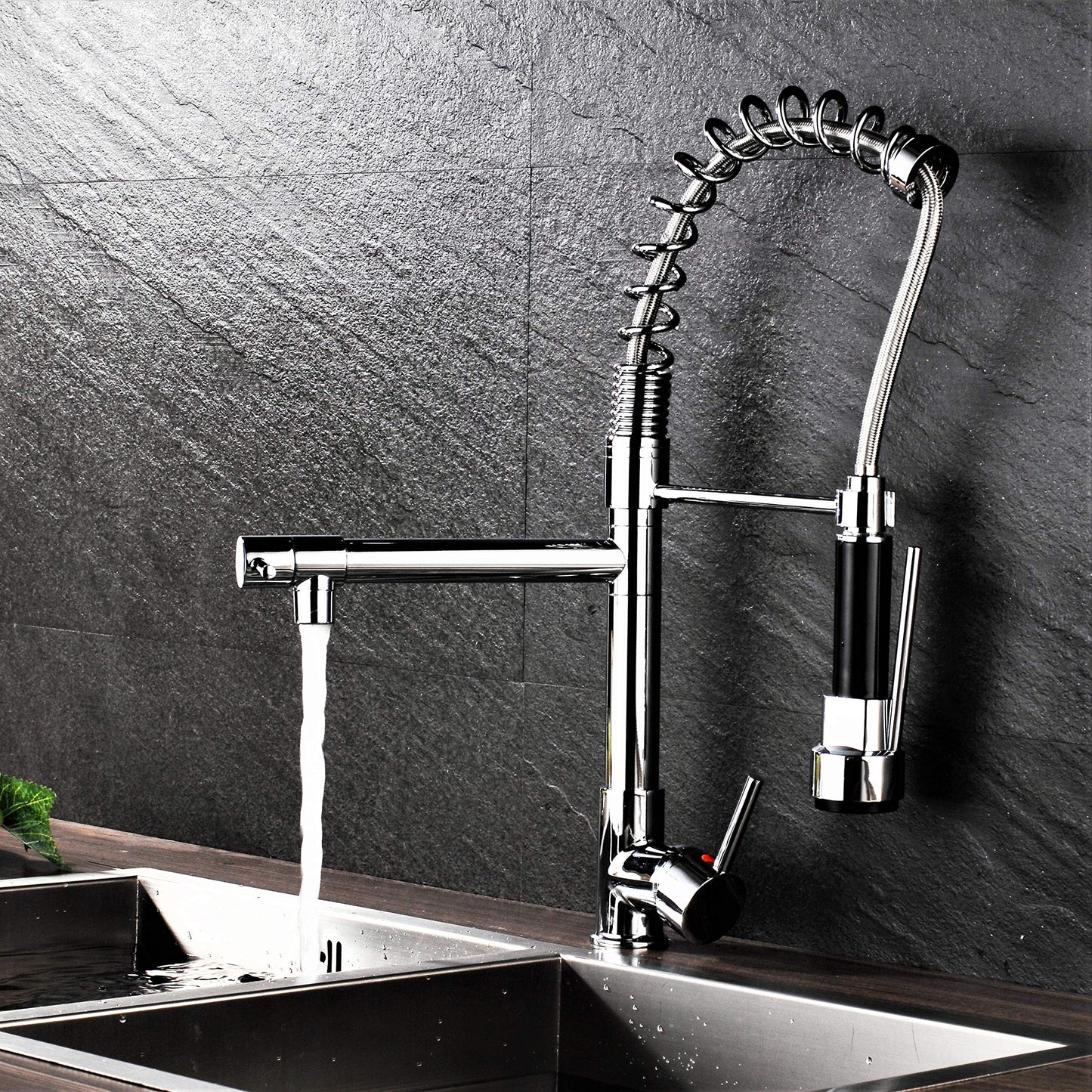 Professional kitchen sink mixer tap with shower spray, spiral spring, and extendable hose in gloss/chrome finish.