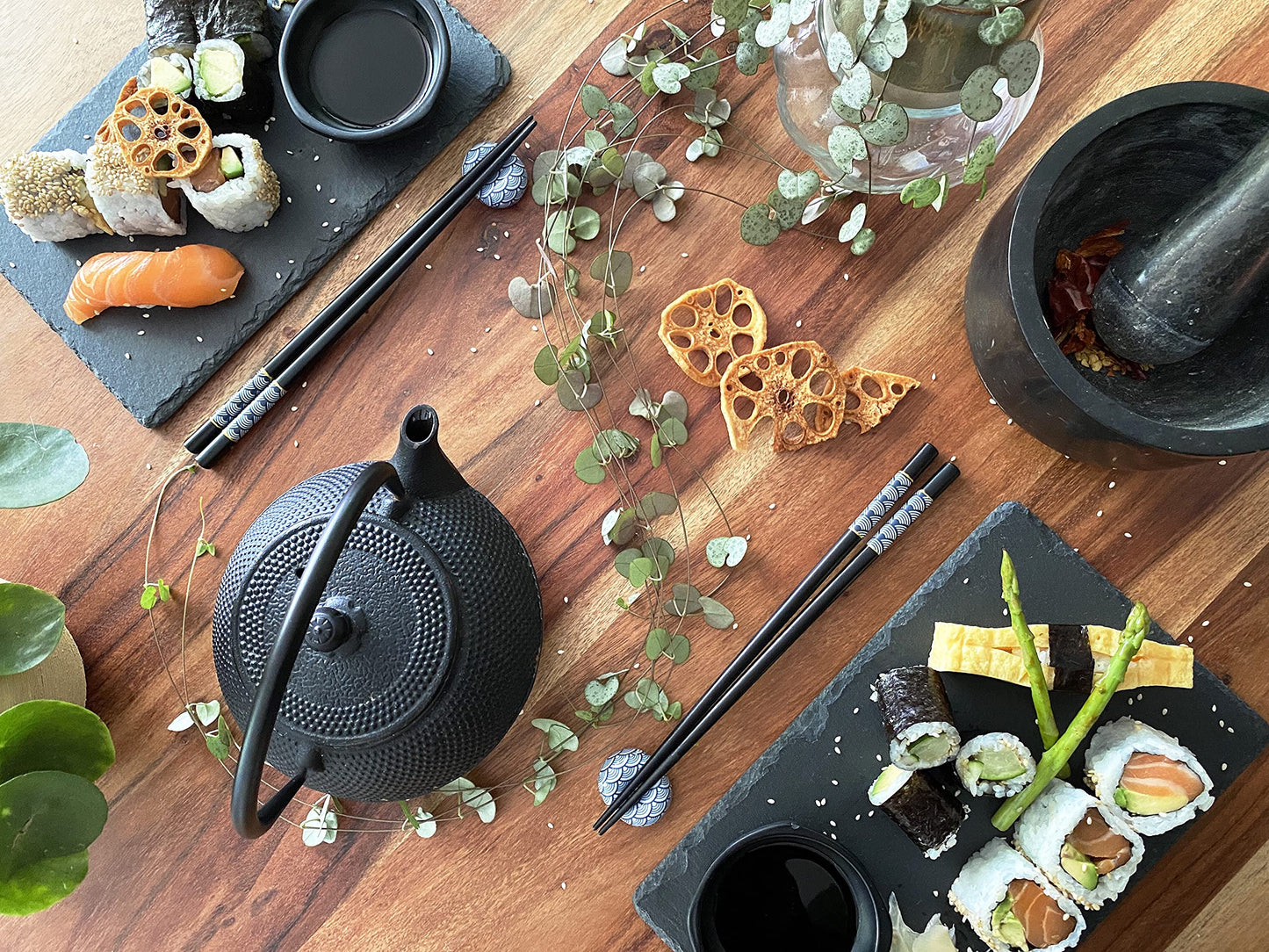 Soypi Sushi Set for 2 - black, 10 piece sushi dish set with chopsticks, slate plates, trays, bowls, delivered in high-quality gift box as a perfect couple's gift.
