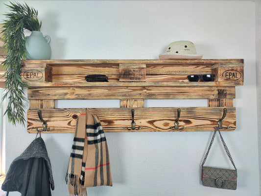 Wardrobe wall made of vintage European wooden pallet with hanging incl. 5 coat hooks coat stand/pallet furniture/pallet wardrobe