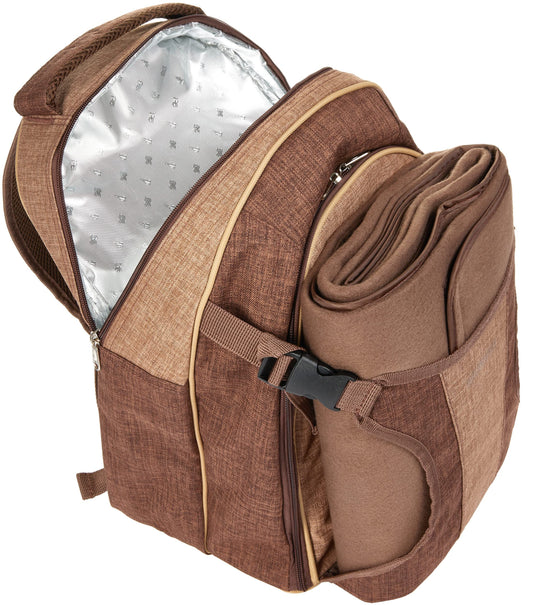 BRUBAKER picnic backpack for 4 persons brown 28.5 × 42.5 x 19 cm - incl. cooler compartment + fleece picnic blanket with waterproof underside