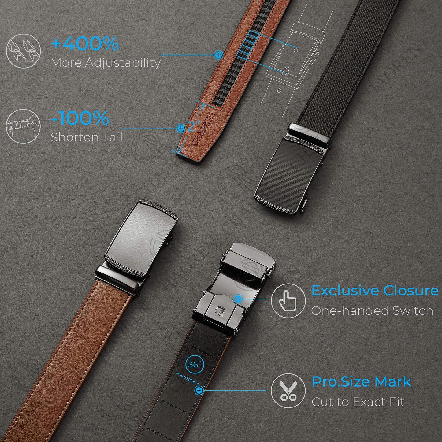 CHAOREN Men's Belt 2-Pack, 35mm Automatic Leather Belt with Ratchet - Customizable Fit, Great as a Gift.
