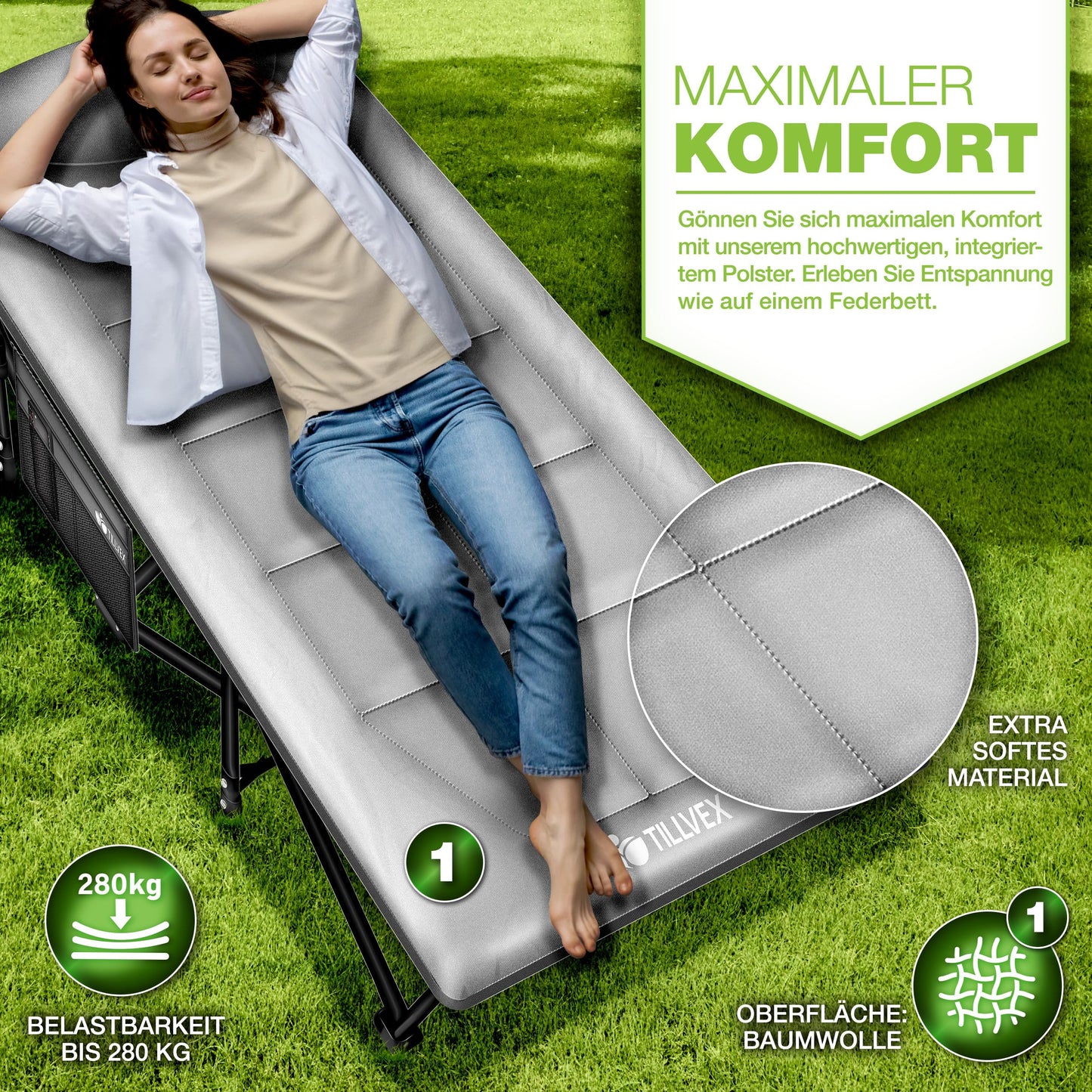 tillvex® Folding Camping Bed with Carry Bag, supports up to 200 kg. Extra wide sleeping cot for outdoor & indoor use. Perfect for camping, fishing, festivals, and travel. Foldable guest bed for the garden.
