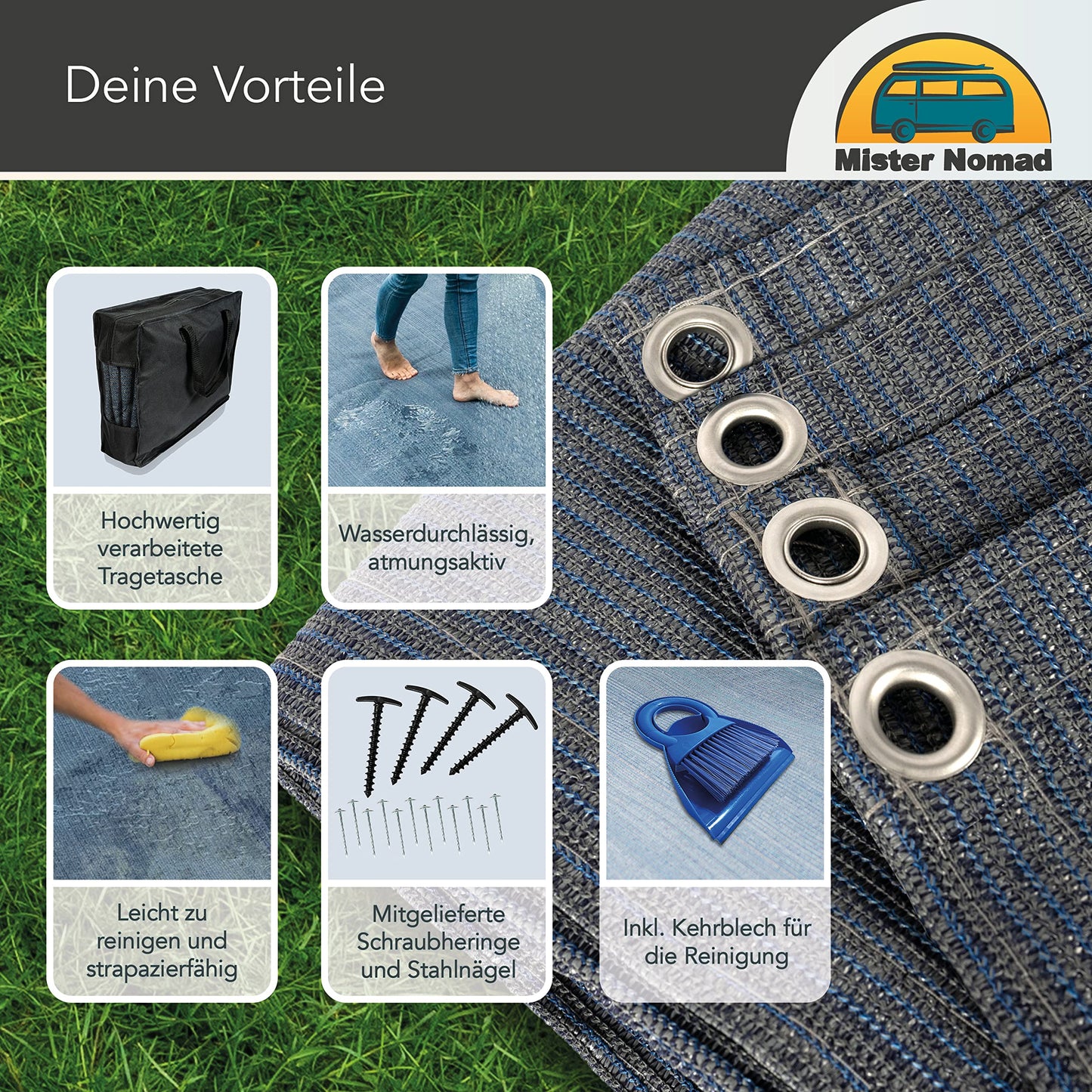 Mr. Nomad awning carpet 2x2.5m - High-quality, UV-resistant camping carpet made of HDPE (300 g/m²) - Perfect awning floor for caravans & motorhomes - includes carrying bag & accessories
