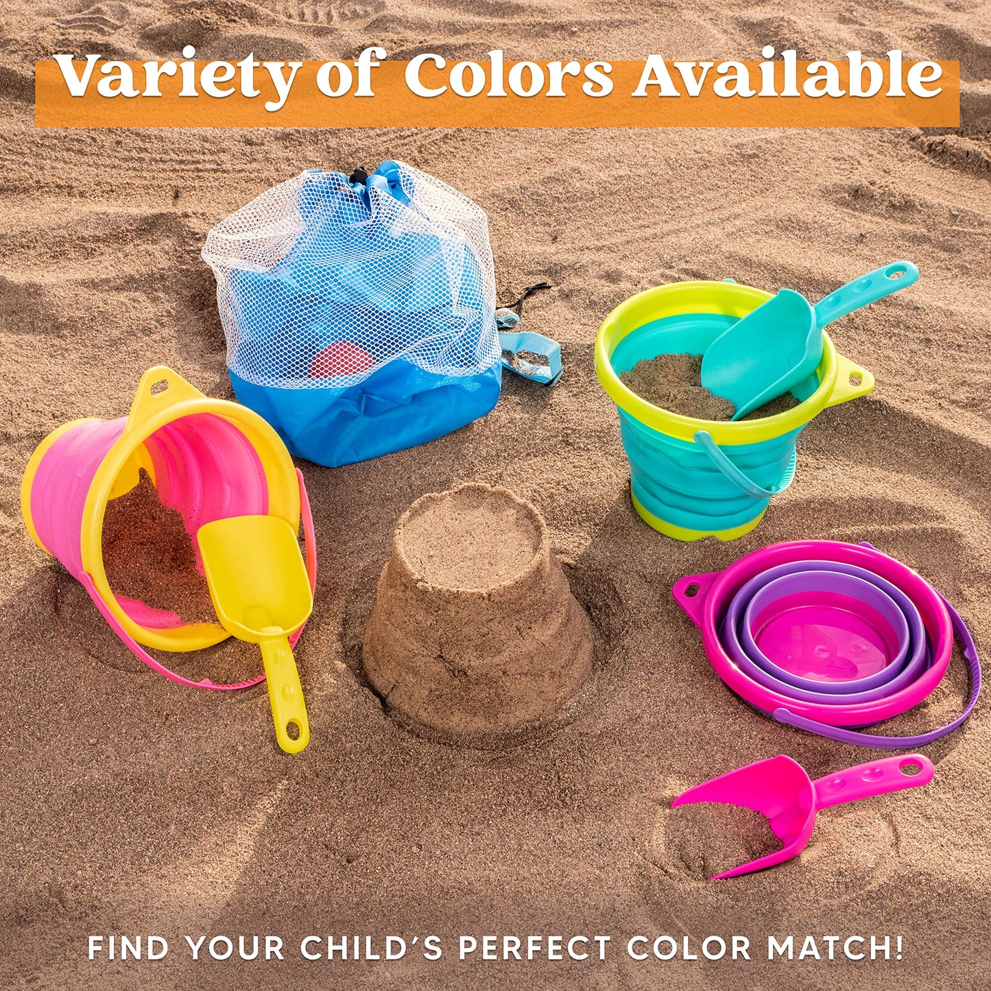 JOYIN 3 Pack Foldable Beach Bucket Set, Sandbox Foldable Sand Toy Bucket with Mesh Backpack for Kids, Camping Gear, Sand Party.