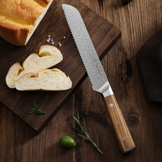 Wakoli Oribu bread knife with 20cm blade made of 67 layers of Damascus steel, olive wood handle. Sharp bread slicing knife for bread, rolls & crust. Kitchen knife including gift box.