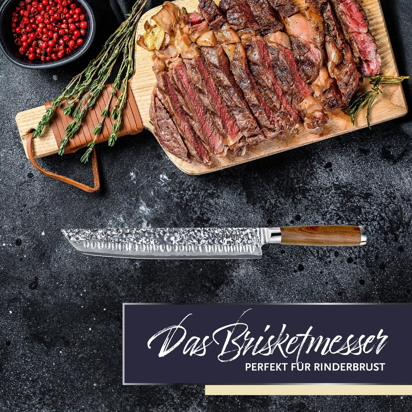 adelmayer® Damascus Knife - Brisket Knife (Blade: 26 cm) - Carving Knife made of Japanese Damascus steel with kullenschliff - extra-long knife for BBQ meat and beef brisket (no extras)