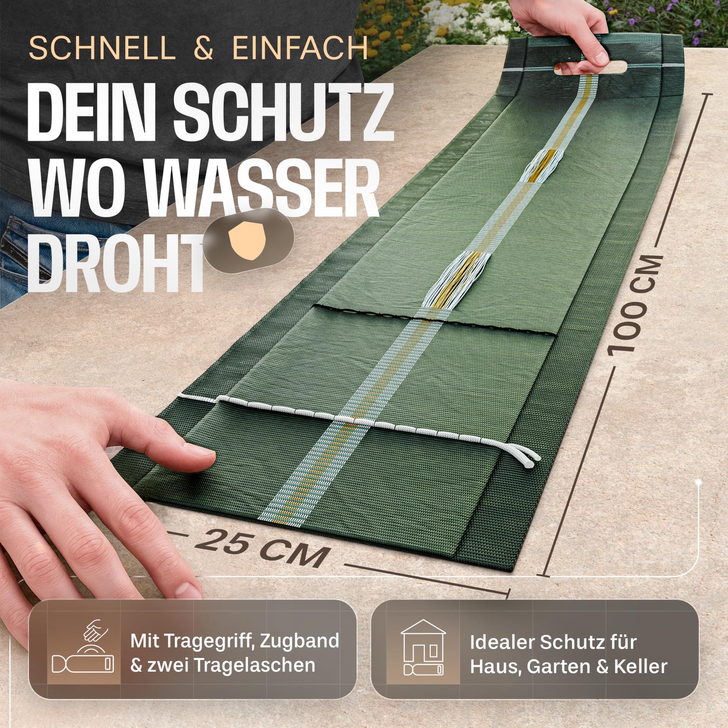 20x sandbags suitable for flood protection, 25cm x 100cm with handles, drawstring, and carrying straps. Ideal for filling with sand, made of UV-resistant high-quality monofilament fabric.