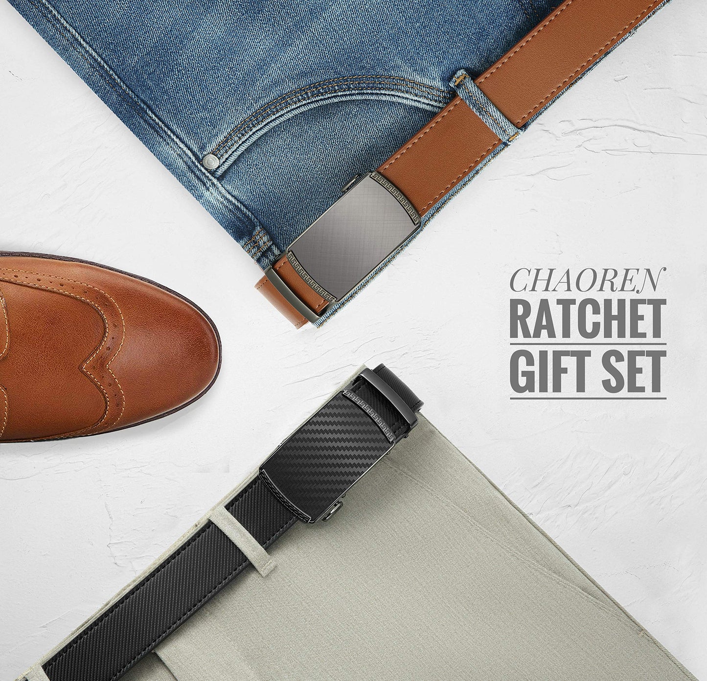 CHAOREN Men's Belt 2-Pack, 35mm Automatic Leather Belt with Ratchet - Customizable Fit, Great as a Gift.
