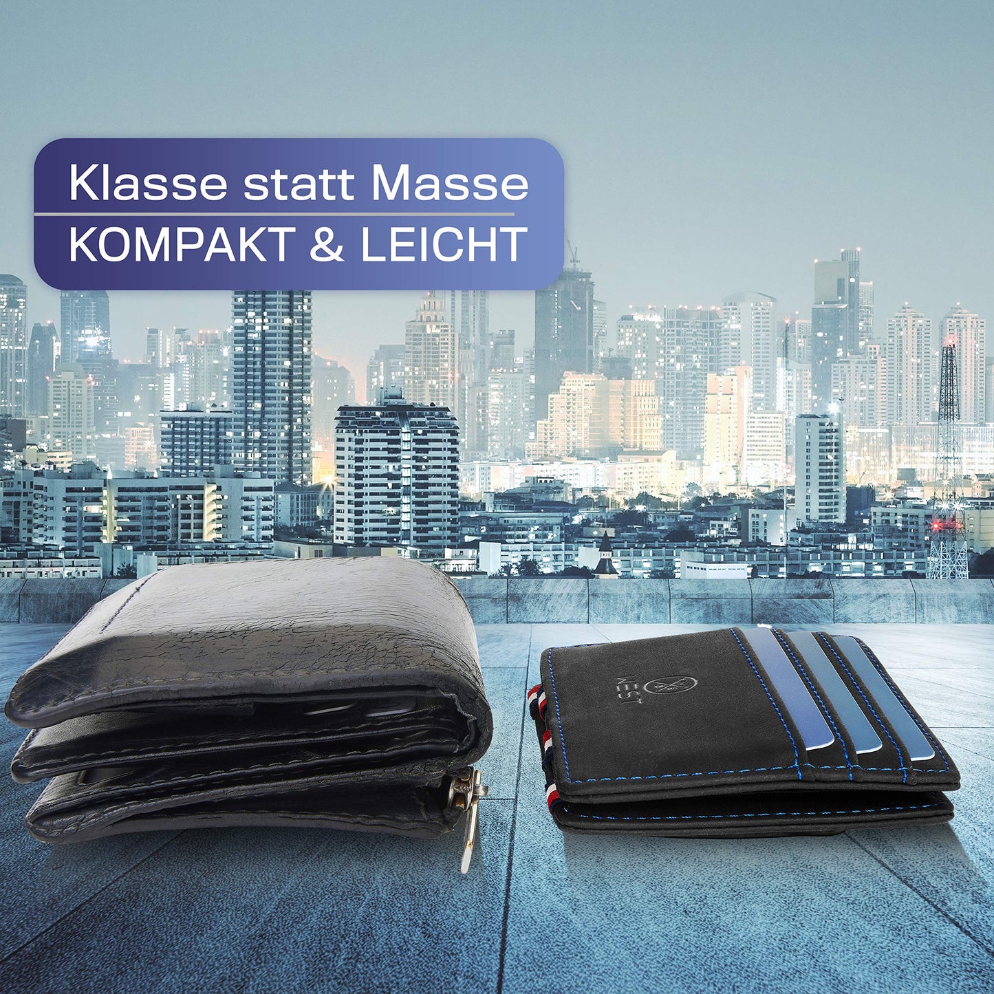 WEST® - Magic Wallet with Coin Pocket + Gift Box - Compact Wallet - Trick Wallet - Extra Strong Money Straps - Thin with RFID Protection (Navy)