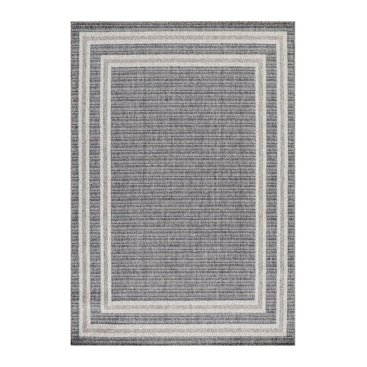 HomebyHome outdoor rug in grey, 60x100 cm. Ideal for kitchen, patio, balcony, garden, camping, living room, and bedroom. Border design, made of polypropylene with 7mm flatweave construction. Easy to care for.