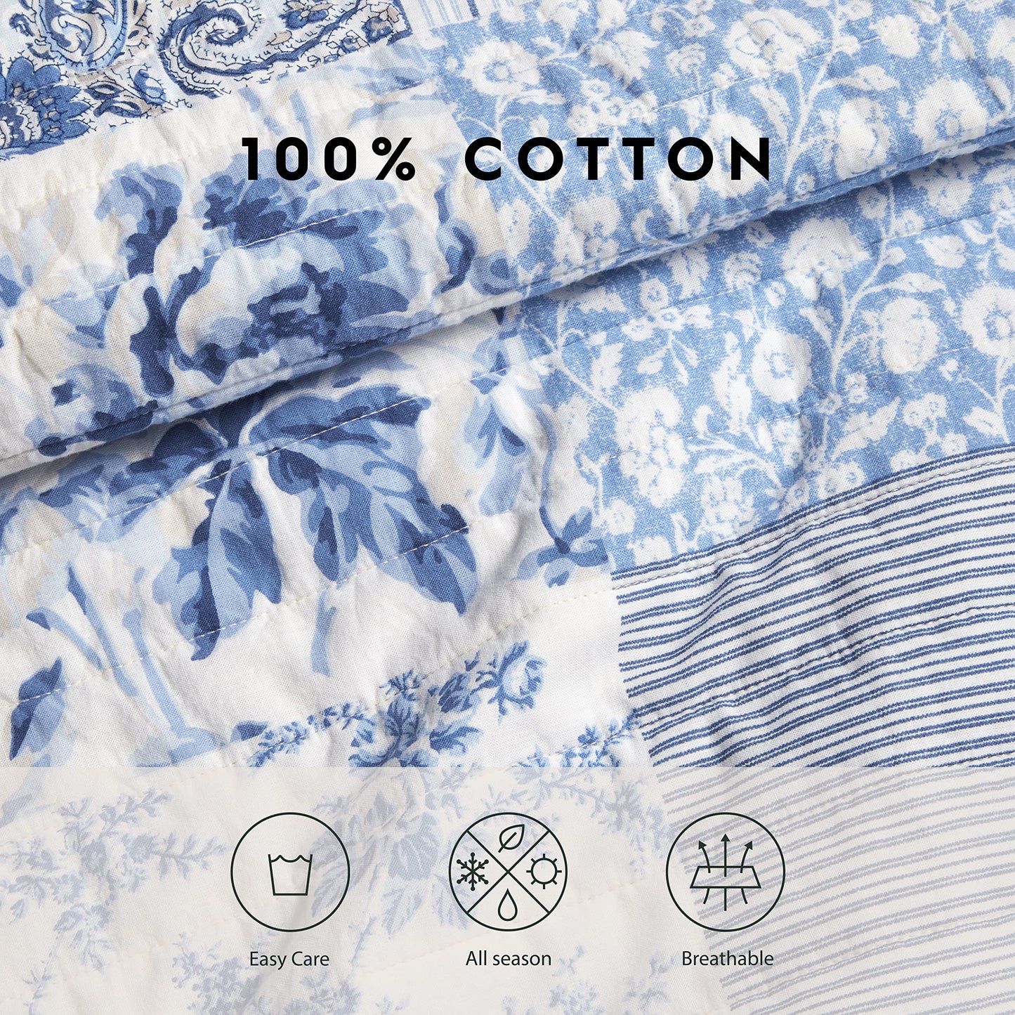 Laura Ashley - Double bed linen set, reversible cotton bedding with matching pillowcase, farmhouse-inspired home décor (paisley patchwork pattern, blue, double bed)