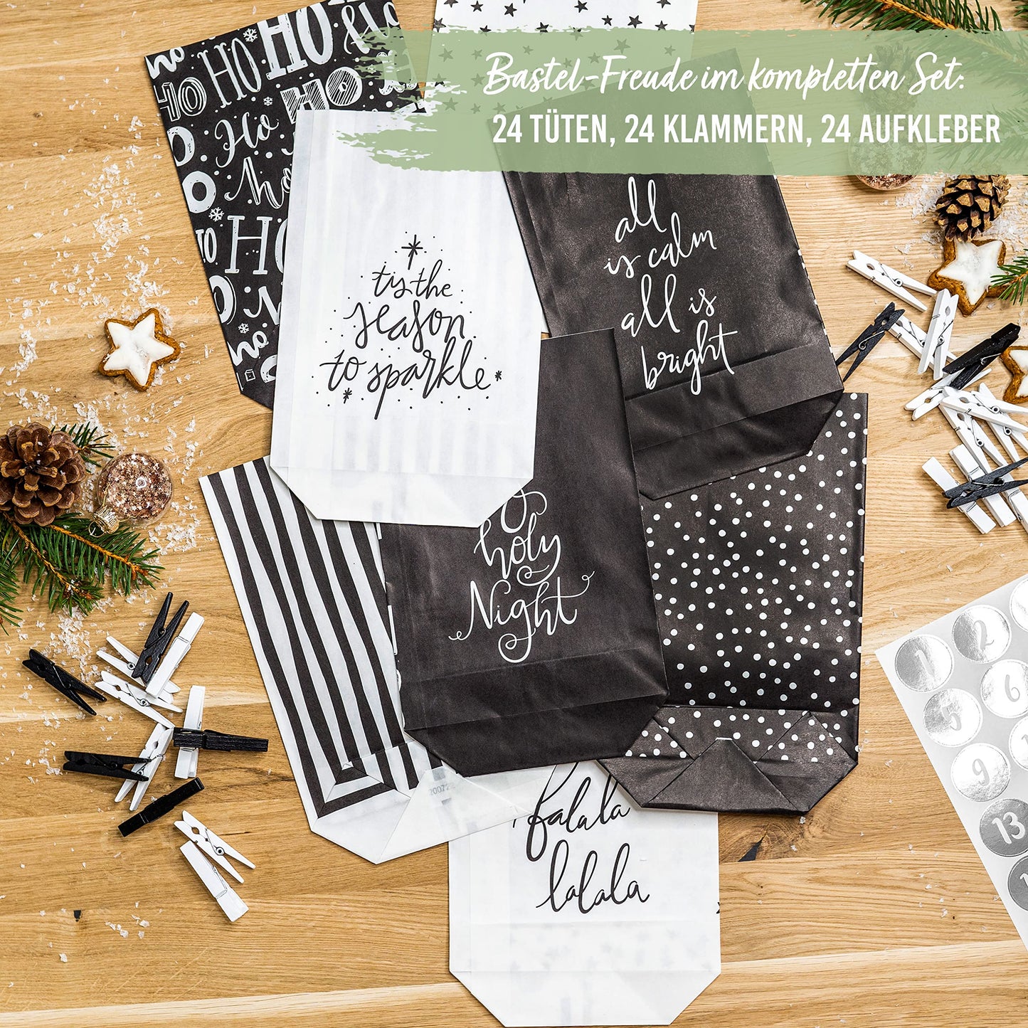 Paper Dragons Advent Calendar 2025 for filling - 24 black and white printed gift bags and 24 number stickers - Design Holy Night black & white - for crafting and gifting - Christmas