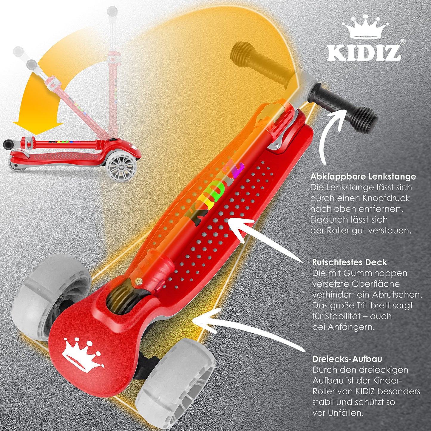 KIDIZ® Roller Children Scooter X-Pro2 Trike Scooter with PU LED Light-Up Wheels Kids Scooter foldable Kick Scooter adjustable City Scooter Children's Scooter for Boys Girls 3-12 Years, Red