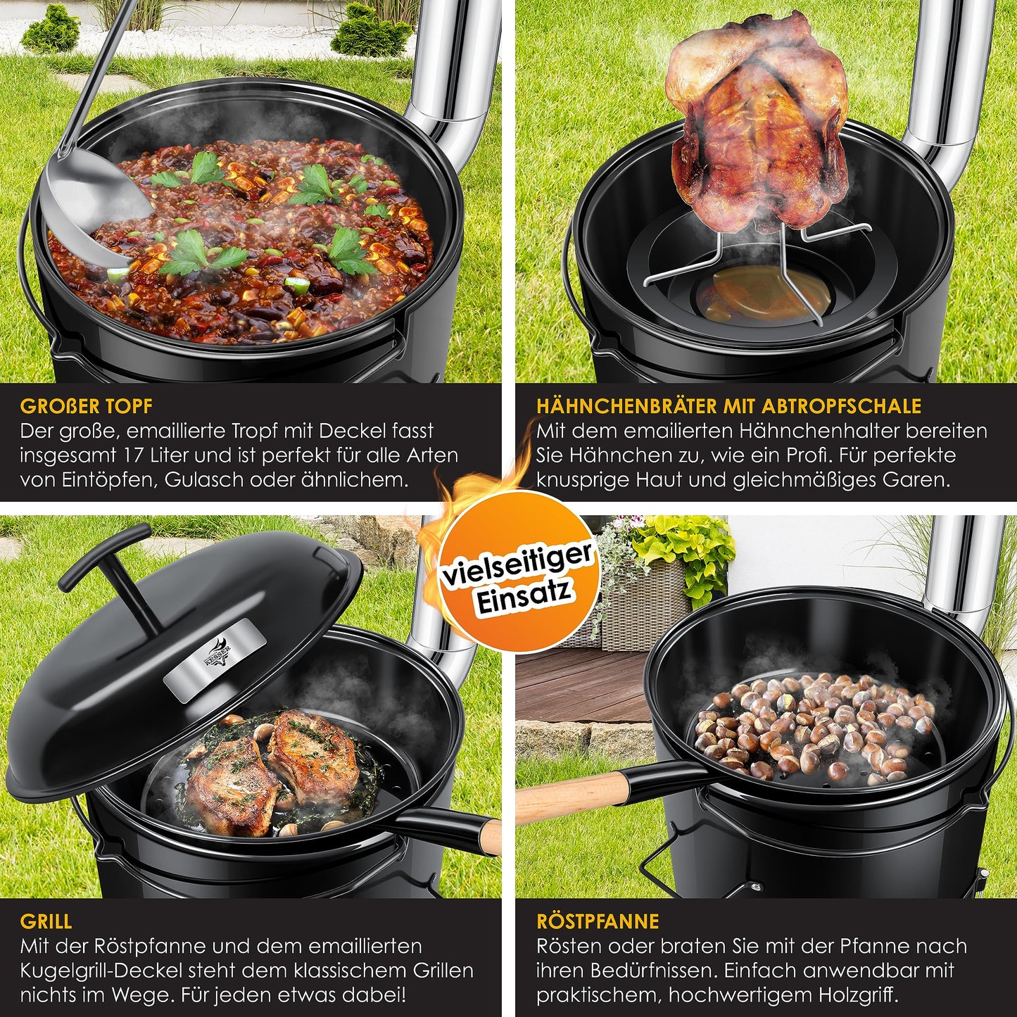 KESSER® Goulash Kettle Goulash Cannon | Dutch oven with grill function Oven Grill Kettle Grill + Chicken roaster 8L pan Goulash pot 17 liters enameled with lid for outdoor kitchen field kitchen
