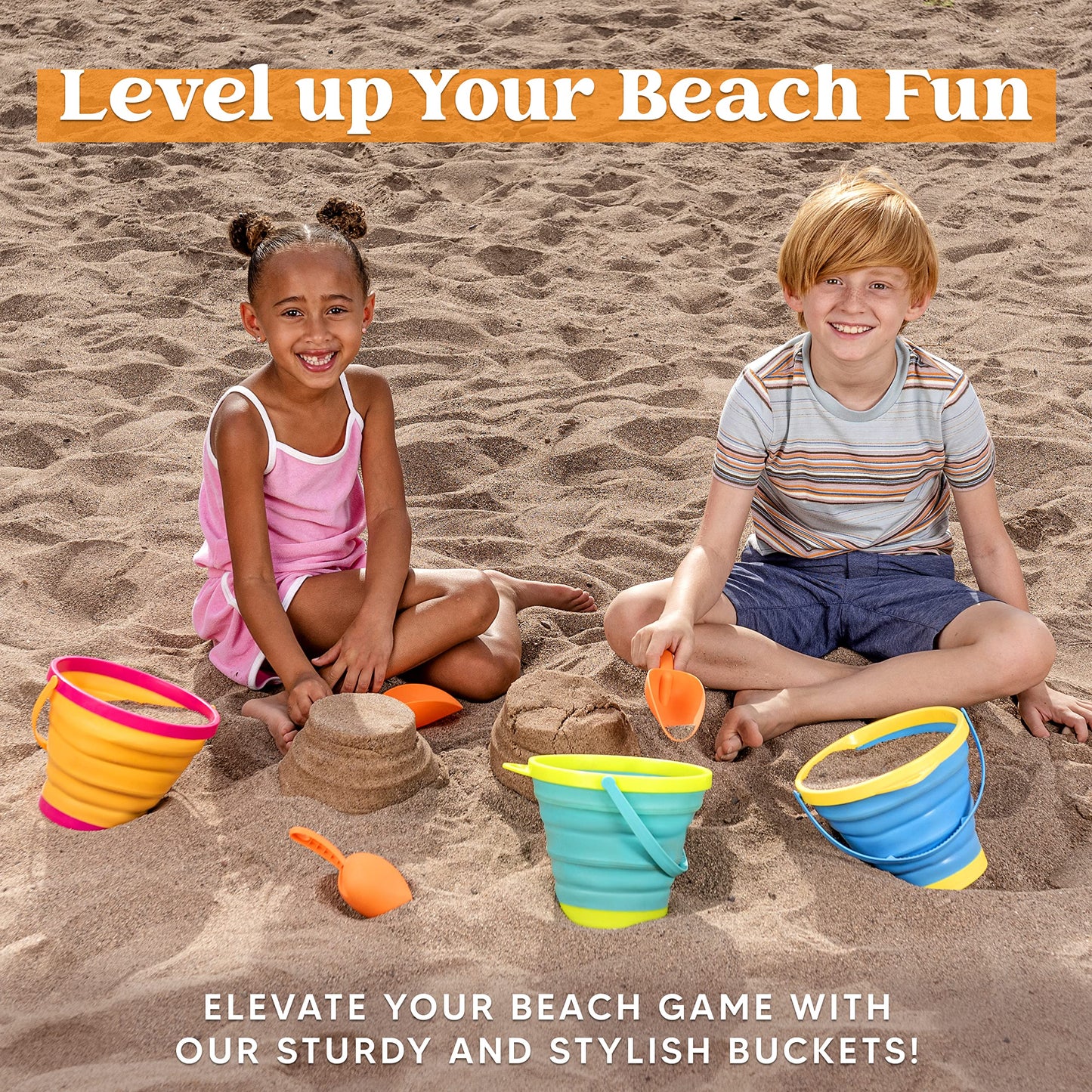 JOYIN 3 Pack Foldable Bucket with Shovels (Bonus Mesh Bag), Foldable Bucket Multipurpose for Beach, Beach Gear, Sandbox Toys