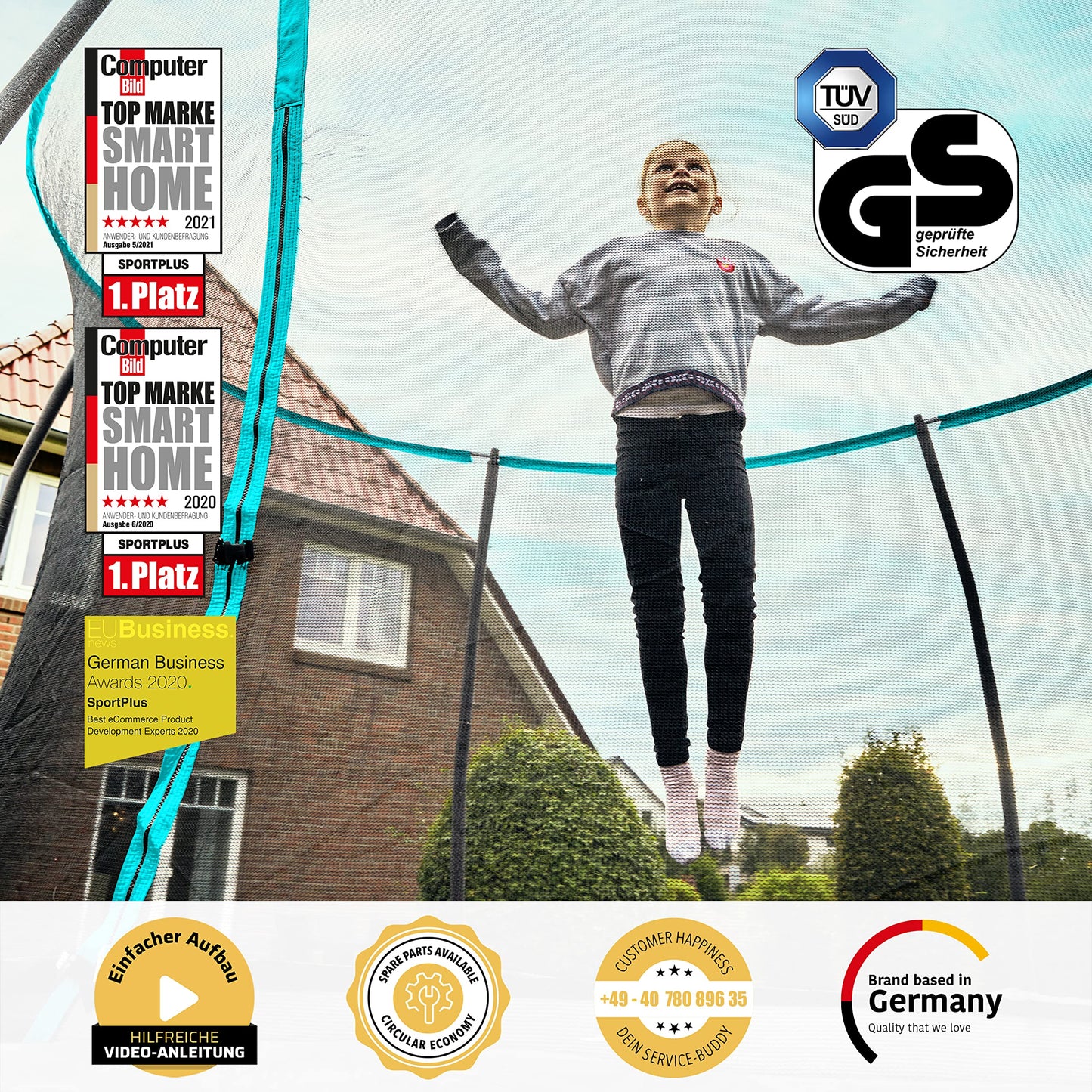 SportPlus Trampoline Outdoor 305cm & 366cm, kids trampoline with edge protection, outer poles & inner net, sturdy frame construction, garden trampoline, also for adults up to 120/150kg - GS certified