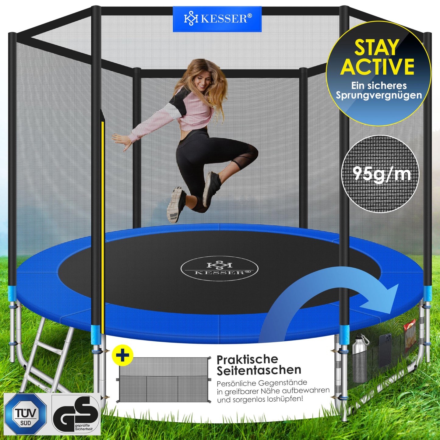KESSER® Trampoline Outdoor Ø 244/305/366/427 cm Complete set with safety net, ladder, edge cover & side pocket and assembly accessories | Children's trampoline Garden trampoline Capacity 150 kg