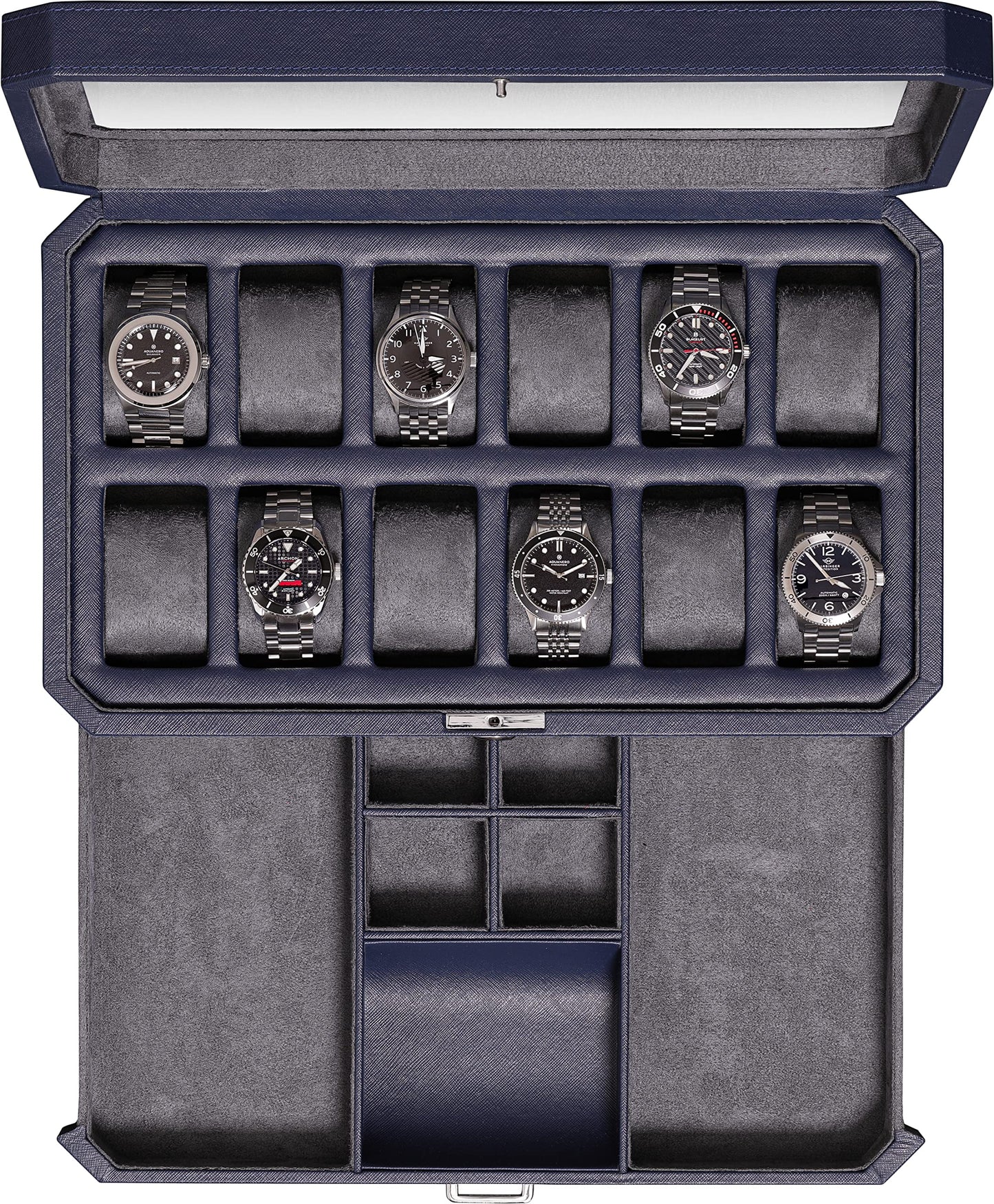 ROTHWELL 12-Slot Leather Watch Box with Valet Drawer is a luxury watch case display organizer. It features a microsuede liner and can hold men's accessories and jewelry in dark blue/grey.