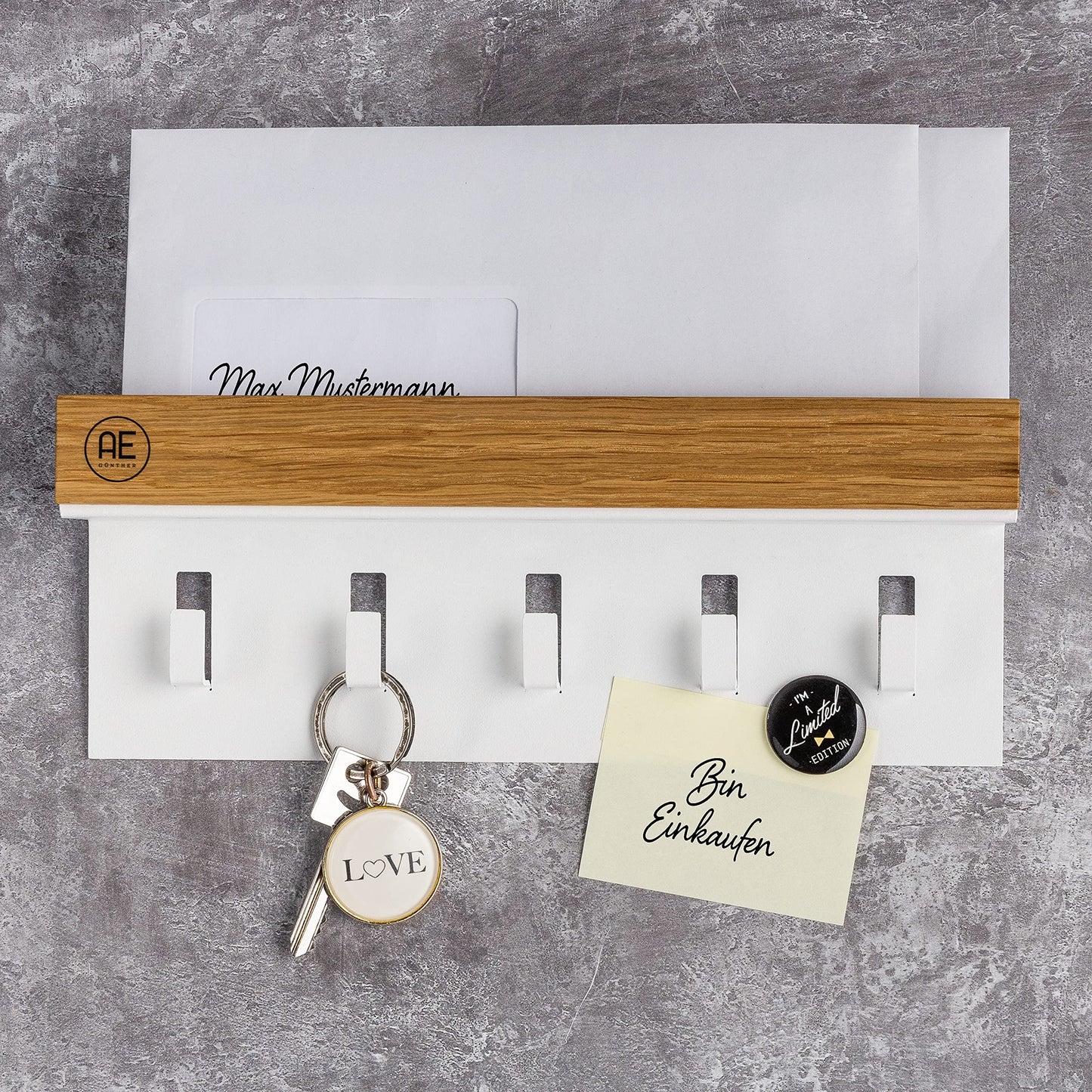 AE Günther® Key Rack Wood - White Steel Key Holder - Oak Key Board - Key Organizer with Tray - Keyring - Key Box - Wall Organizer - Key Rack (White)