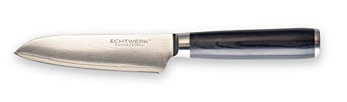 ECHTWERK 2-piece Damascus knife set, Santoku knife approx. 13cm/paring knife approx. 8cm, kitchen knife, Japanese knife, vegetable knife, Damascus steel, knife handles made of Pakka wood, incl. storage box, silver.