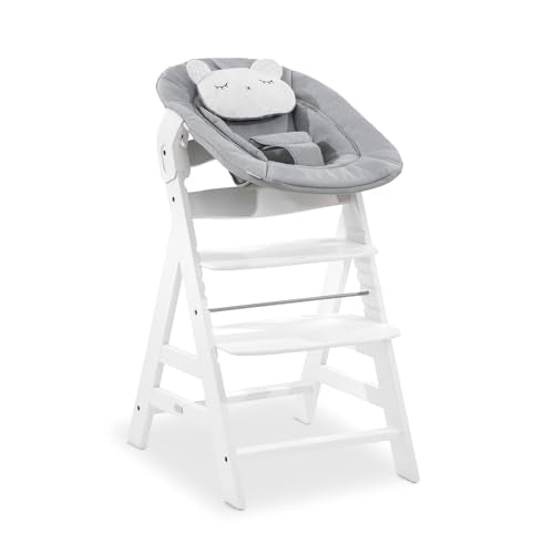 Hauck 2in1 Baby Bouncer & Newborn Set for Alpha+ & Beta+ Wood Highchairs. Alpha Bouncer 2in1, for babies from birth up to 9 kg, with 3-point hip belt, head pillow, and rocking frame (Pastel Bear Light Grey).