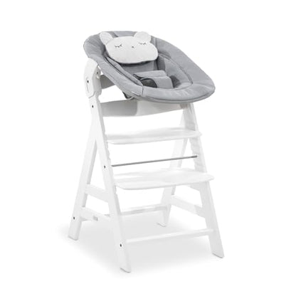 Hauck 2in1 Baby Bouncer & Newborn Set for Alpha+ & Beta+ Wood Highchairs. Alpha Bouncer 2in1, for babies from birth up to 9 kg, with 3-point hip belt, head pillow, and rocking frame (Pastel Bear Light Grey).