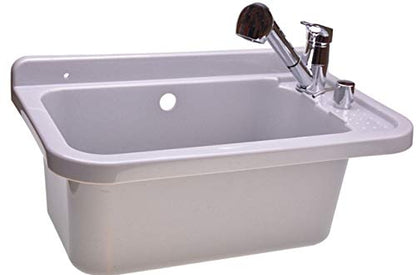 Utility sink with battery-operated faucet soap dispenser plastic sink basin with soap dispenser, siphon, included accessories, laundry room, white vanity (60.0, white)