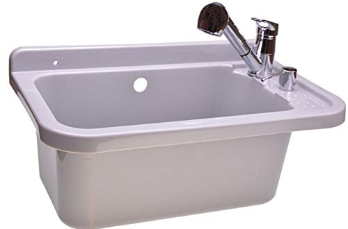 Utility sink with battery-operated faucet soap dispenser plastic sink basin with soap dispenser, siphon, included accessories, laundry room, white vanity (60.0, white)