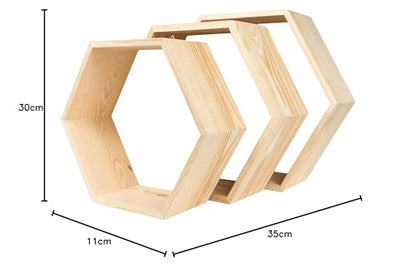 HANDKADECOR Hexagonal Wooden Shelves - Set of 3 - Honeycomb shaped shelf boxes stand