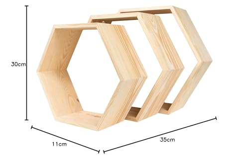 HANDKADECOR Hexagonal Wooden Shelves - Set of 3 - Honeycomb shaped shelf boxes stand