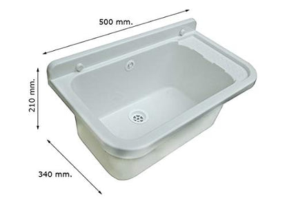 Household sink with battery faucet, soap dispenser, plastic basin with faucet hole, sink with soap dispenser, siphon, sink including accessories, laundry room white.