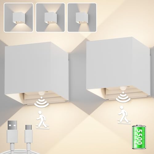 Aipsun 2 pcs LED battery wall light with motion sensor in white, wireless wall lamp with 5500mAh battery, 5W, glow on top and bottom, 2700K warm white, for indoor use.