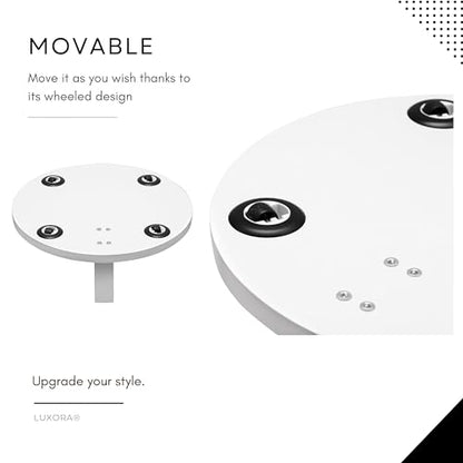Luxora® side table in C shape with wheels, round coffee table in white, small side table, usable as a coffee table, telephone table, bedside table, laptop table, and coffee table (White)