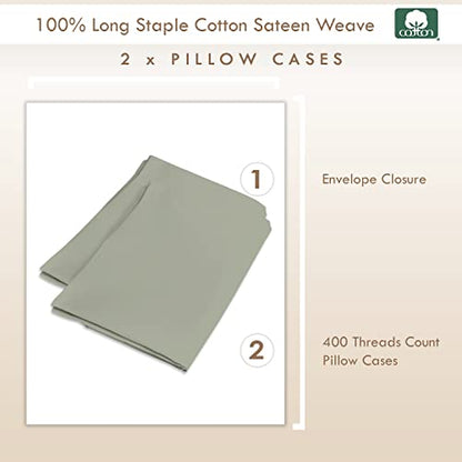 Pizuna Luxury Soft Satin 2-Pack Pillowcase 40x80 cm New Sage Green, 400 Thread Count Cotton Square Pillowcases, 100% Long Staple Cotton Pillowcase (New Sage Green, 40x80 cm)