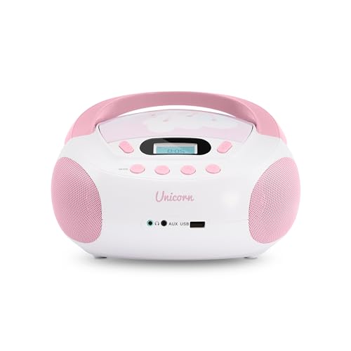 mooov 477407 CD player for kids with speakers, USB, headphone jack, AUX-IN port - Portable boombox CD player - Mains or battery operated - Unicorn design - Pink/white