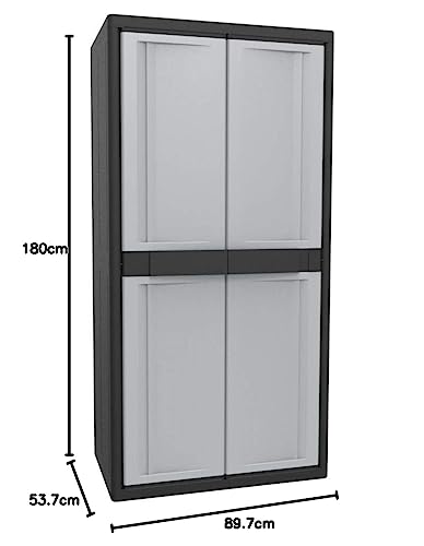 Kreher XXL plastic utility cabinet with a solid bottom, narrow shelves, and open compartment for bulky items. Features lockable doors. Dimensions WxDxH in cm: 89.7 x 53.7 x 180 cm.