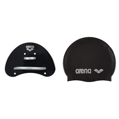 arena 95251 Unisex Swimming Competition Training Aid Finger Paddle Elite for Forearm Strength Training, Black-Silver (55), S & Unisex Swim Cap Classic Silicone, Black-Silver (55), One Size