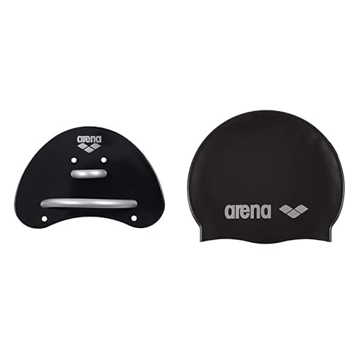 arena 95251 Unisex Swimming Competition Training Aid Finger Paddle Elite for Forearm Strength Training, Black-Silver (55), S & Unisex Swim Cap Classic Silicone, Black-Silver (55), One Size