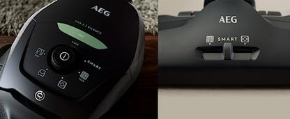 AEG vacuum cleaner with bag, 75% recycled material, automatic suction power control, extremely quiet even on carpet, captures large and small particles, long cord, 600W, black, VX82-1-ECO