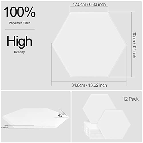 JBER Hexagonal Acoustic Panels, Soundproof Interior, Sound Absorbing Panels, 35.6 x 30 x 1cm Beveled Edge High Density Wall Tiles, for Acoustic Treatment, (12 Pieces White)
