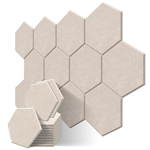 JBER Hexagonal Acoustic Panels, Soundproof Interior, Sound Absorbing Panels, 35.6 x 33 x 1cm Beveled Edge High Density Wall Tiles, for Acoustic Treatment (12 Pieces Camel)