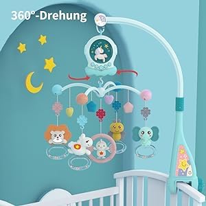 Eners Baby Music Mobile Crib, Wind-up Music Box Mobile for Baby Girl Boy, Mobile Holder for Crib Changing Table with Music and Light & Remote Control and Rotation Function (Green)