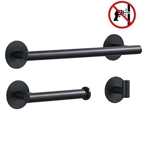 3-piece bathroom accessories set without drilling - matte black adhesive 30cm towel holder with toilet paper holder and towel hooks.