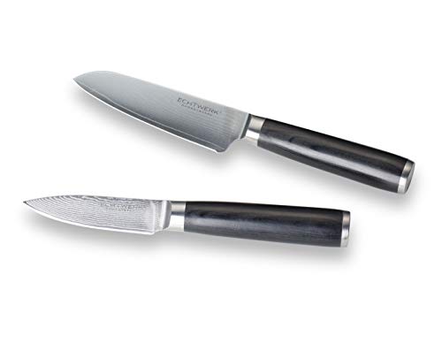 ECHTWERK 2-piece Damascus knife set, Santoku knife approx. 13cm/paring knife approx. 8cm, kitchen knife, Japanese knife, vegetable knife, Damascus steel, knife handles made of Pakka wood, incl. storage box, silver.