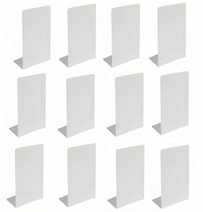 Deefongo 12 white decorative metal bookends, sturdy book supports for shelves, partition, stopper, holder, white metal bookends with non-slip rubber pad for decoration, home, office