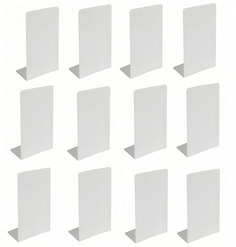Deefongo 12 white decorative metal bookends, sturdy book supports for shelves, partition, stopper, holder, white metal bookends with non-slip rubber pad for decoration, home, office