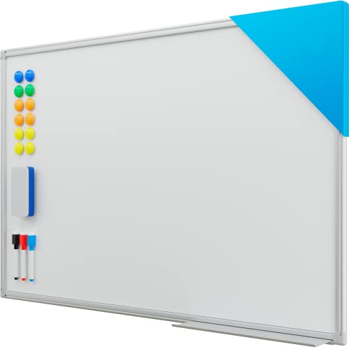 Alaskaprint magnetic board with aluminum frame, whiteboard surface, 90cm in height. Includes 3 pen trays, 12 pin board tiles, and eraser.