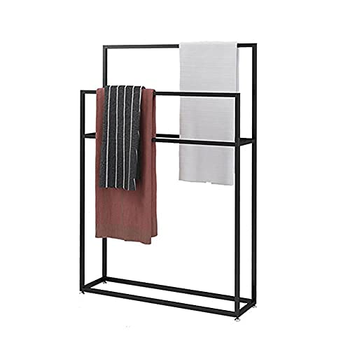 WING freestanding towel stand made of metal, standing towel holder for bathroom in black, standing bath towel stand with 3 towel bars, bathroom accessory and valet stand, 85×20×110cm (L×W×H)