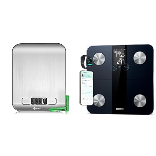 ETEKCITY 5KG kitchen scale with LCD display, stainless steel surface, 1g precision, tare function, liquid measurement, silver + Etekcity body fat scale with 180kg capacity, 0.05kg precision, Bluetooth, app, BMI, muscle mass, XL display.